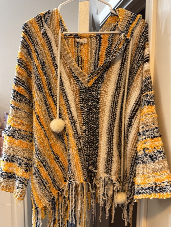 POL Sweaters - POL Hooded Striped Poncho Sweater in Yellow, Black & Cream